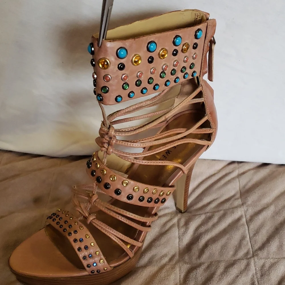 Nine West platform leather embelished heeled sandals - Picture 2 of 14